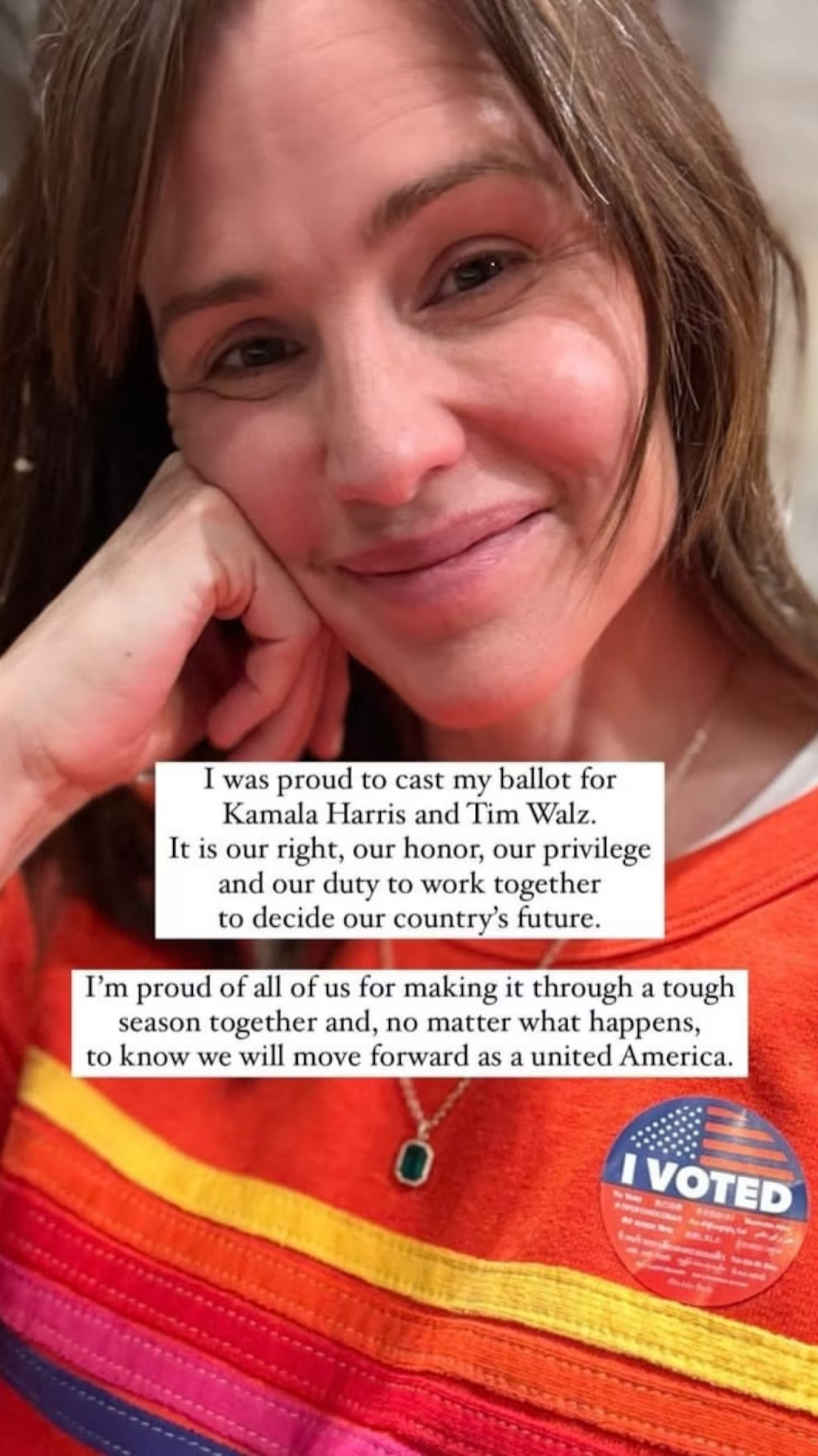 Jennifer Garner mostró abiertamente su apoyo a Kamala Harris. Fuente: Instagram