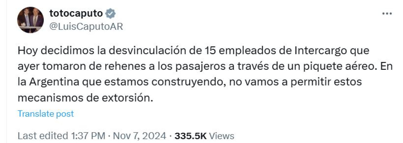 El tuit del Ministro de Hacienda, Luis Caputo, sobre Intercargo. Captura.