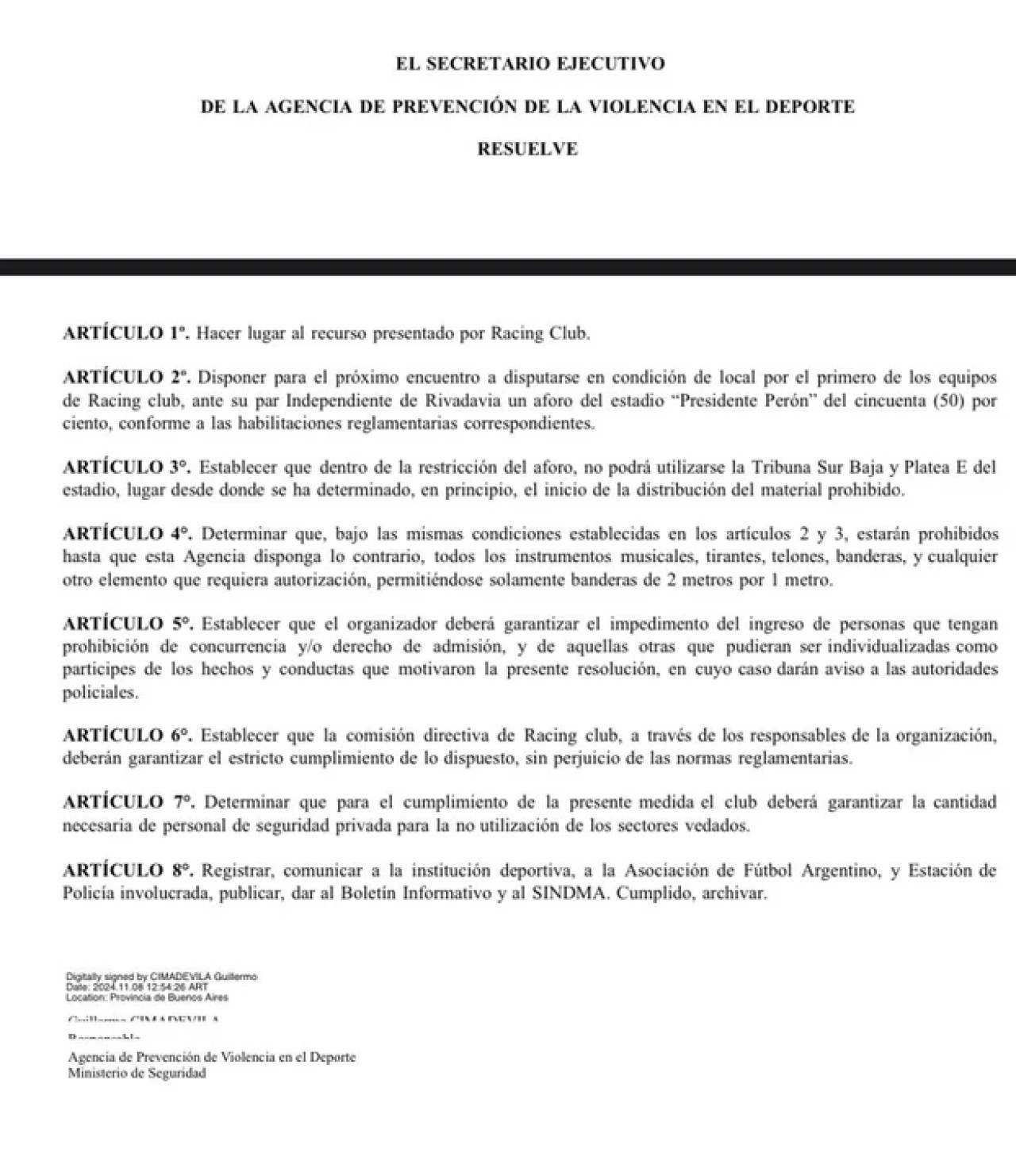 Disposición de Aprevide contra Racing.