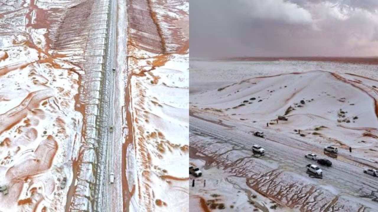 Las nevadas convirtieron un entorno árido en un paisaje invernal en Al-Jawf, Arabia Saudita. Foto X @AlertaMundoNews