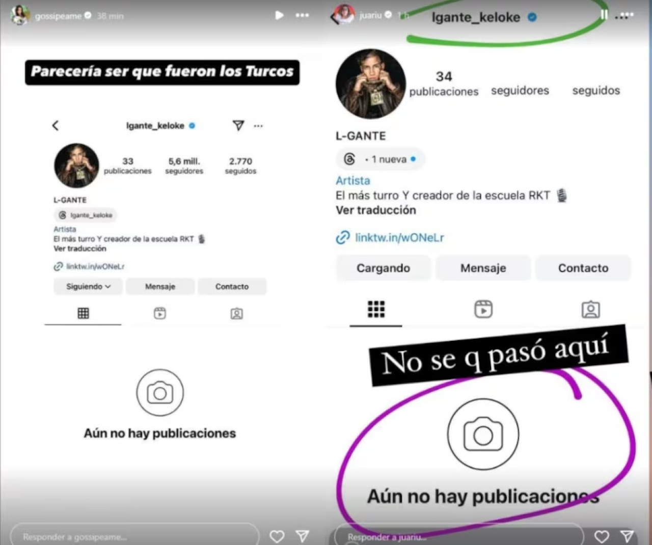 L-Gante perdió su cuenta de Instagram. Fuente: Instagram / @gossipeame y @Juariu