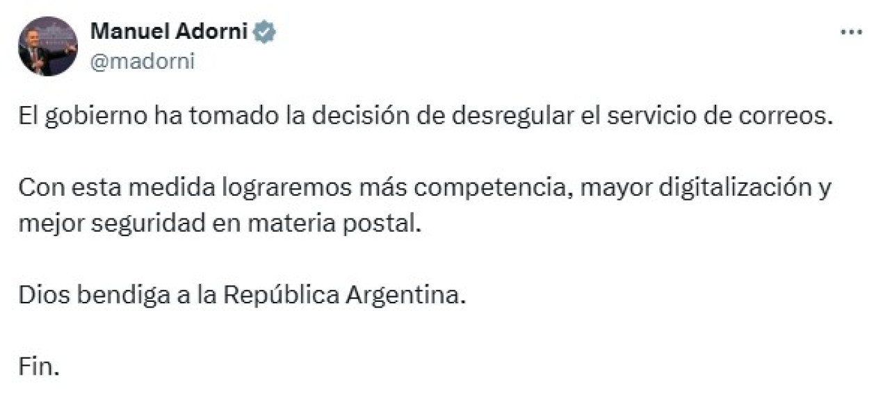 Adorni anunció la desregularización de Correo Argentino.