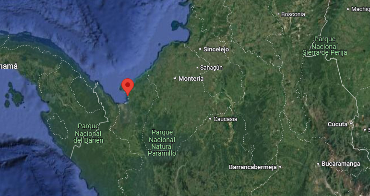 La ubicación geográfica de Necoclí, donde erupcionó el volcán de lodo de Colombia. Foto: Google maps.