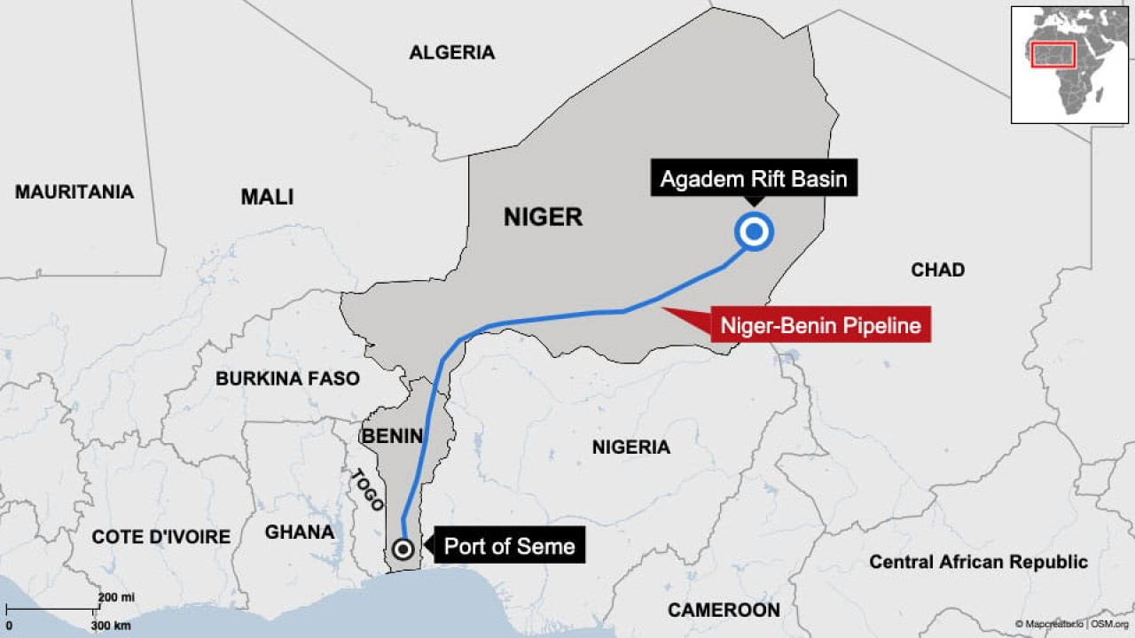 En azul, el trazado de la tubería de petróleo de Níger. Fuente: China Global South Project