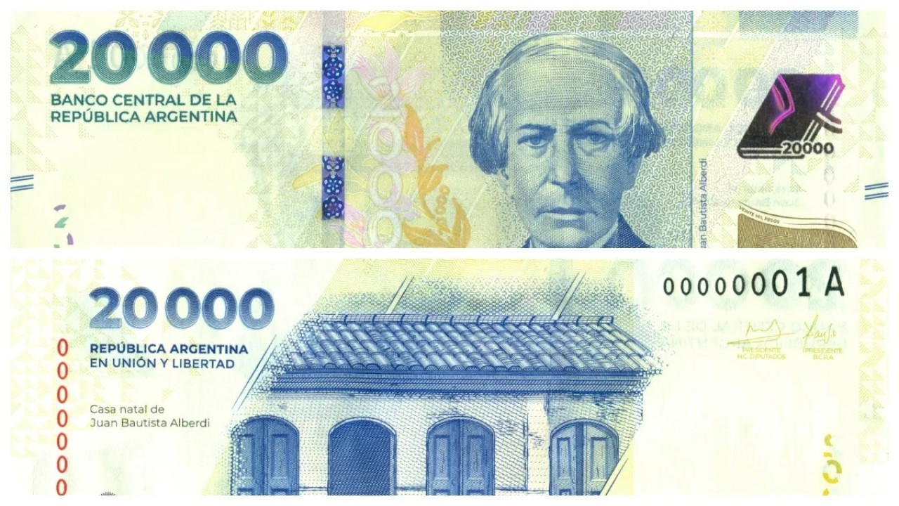 Nuevo billete de $20.000. Foto: NA.