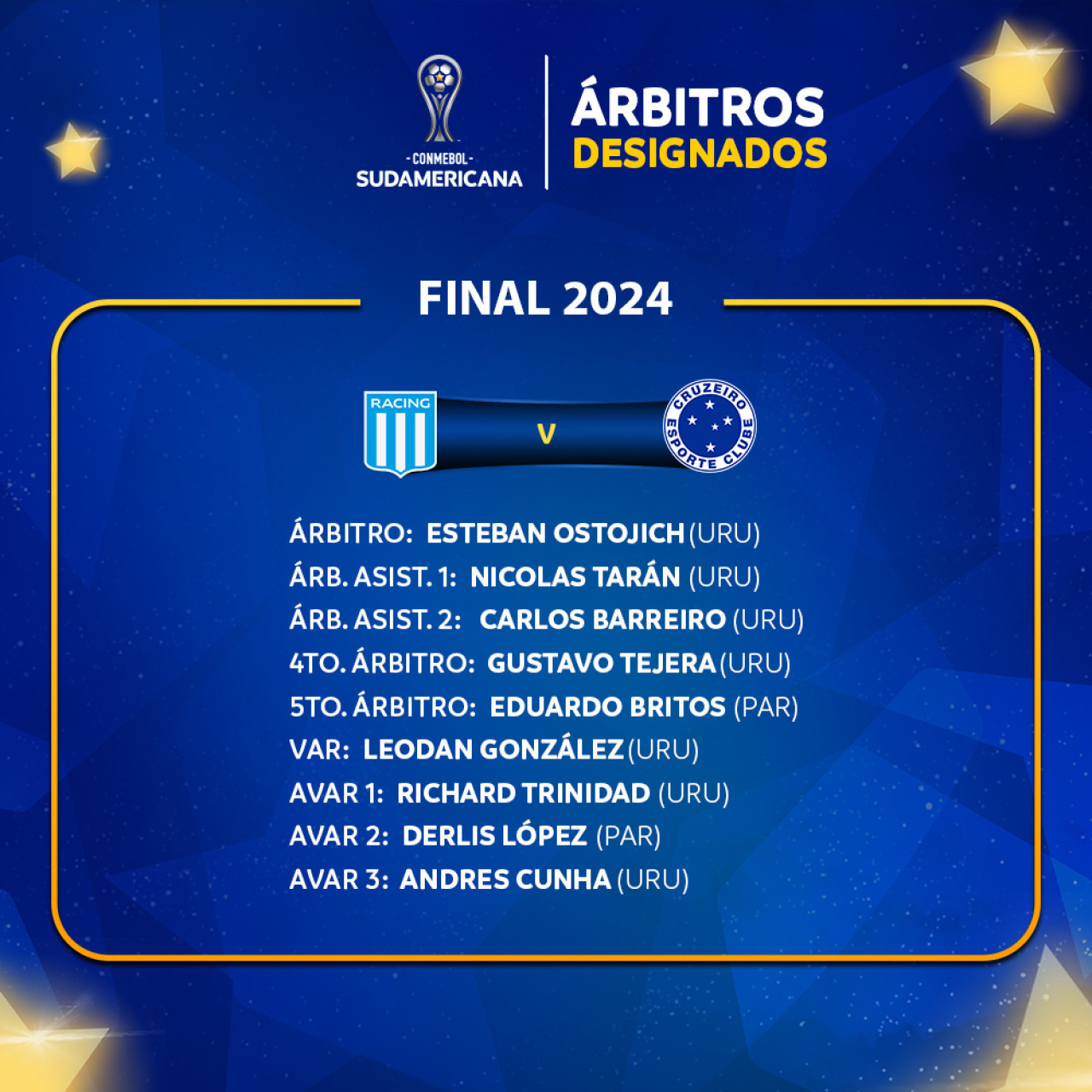 Los árbitros para Racing-Cruzeiro, por la final de la Sudamericana. Foto: Conmebol