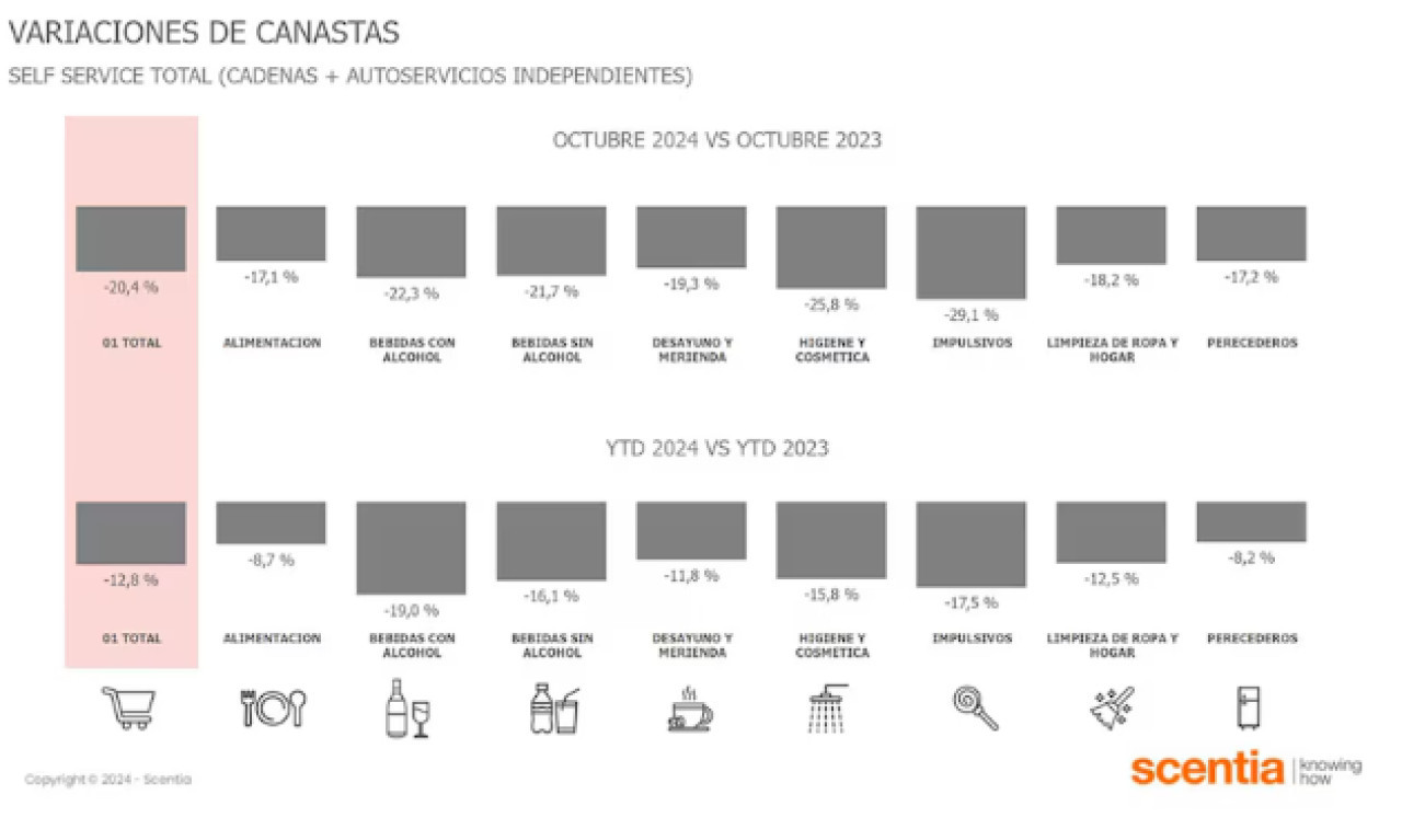 Caída de los productos de consumo masivo interanual en octubre 2024. Foto: Gentileza Scentia.