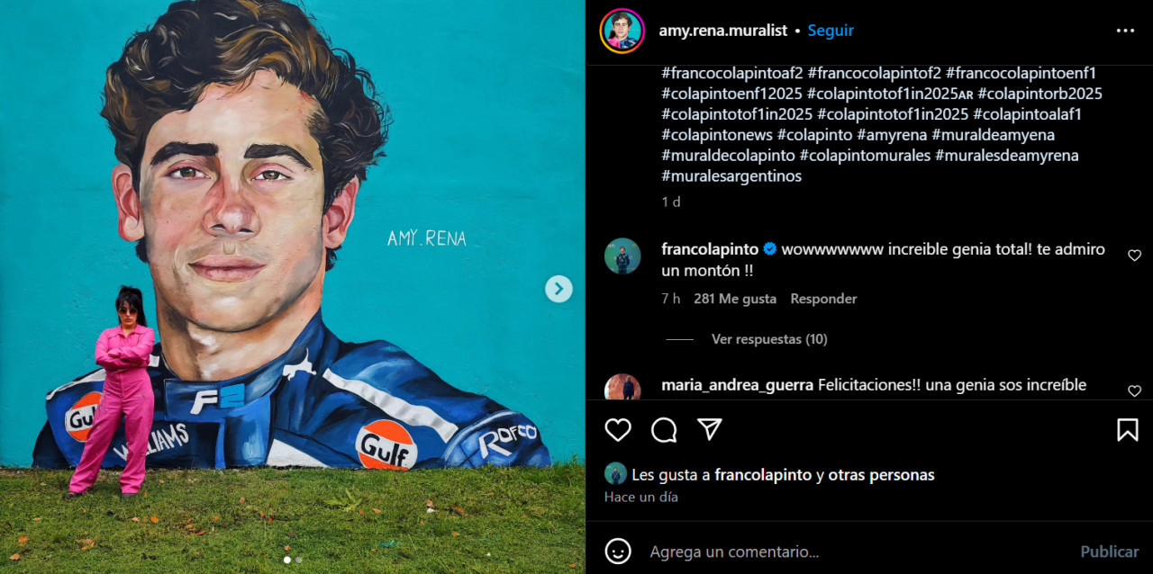 La reacción de Franco Colapinto a su mural. Foto: captura Instagram