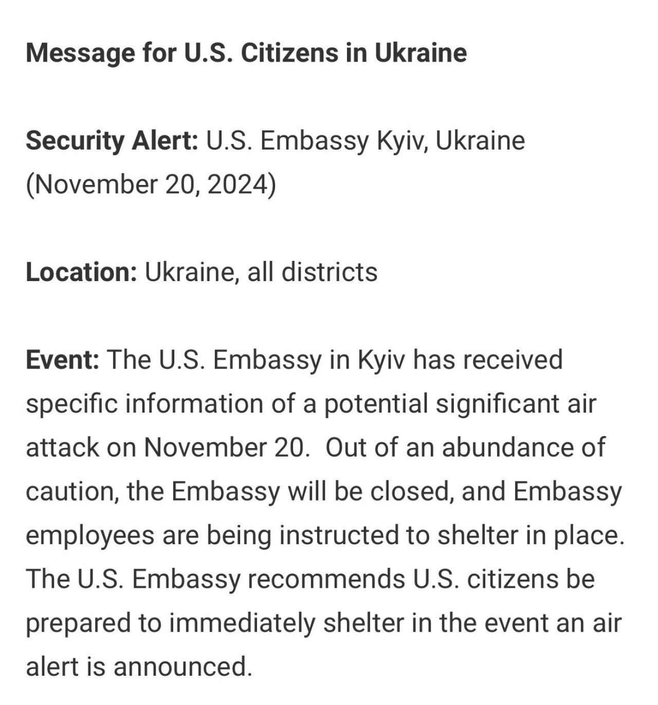 El mensaje de la Embajada de Estados Unidos en Kiev. Foto. Captura.