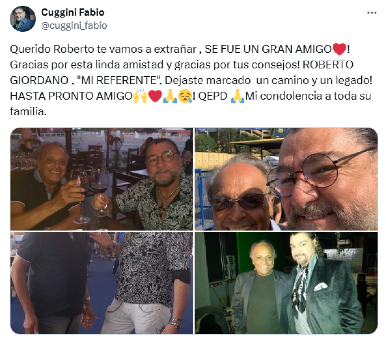 Reacción del estilista Fabio Cuggini tras conocerse el fallecimiento de Roberto Giordano. Foto: Instagram.