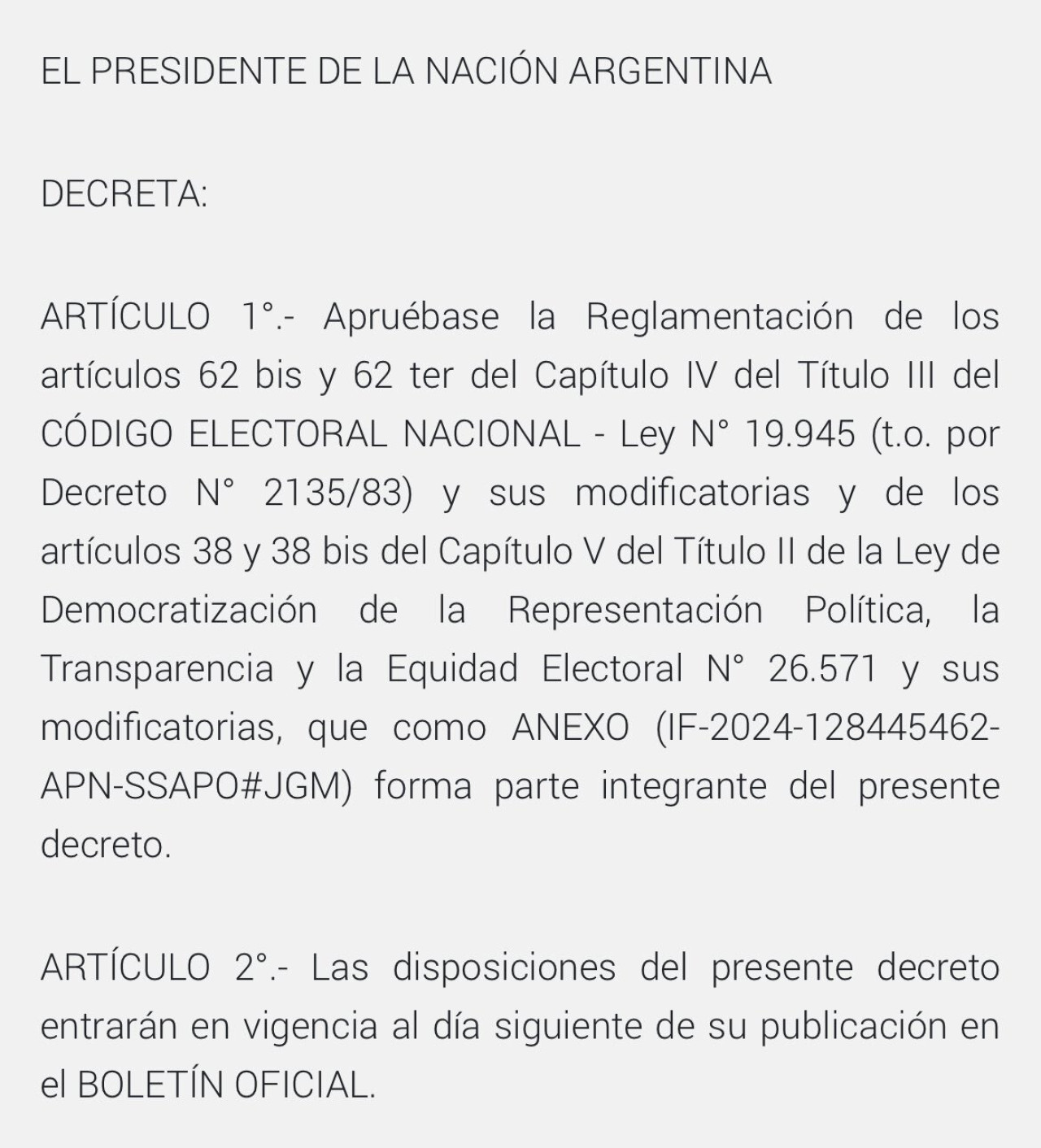 El texto del Boletín Oficial que oficializó la boleta única de papel. Foto: Captura.