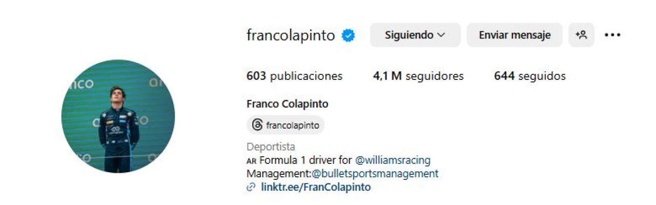 Franco Colapinto tiene más de 4 millones de seguidores en Instagram. Foto: captura de pantalla.