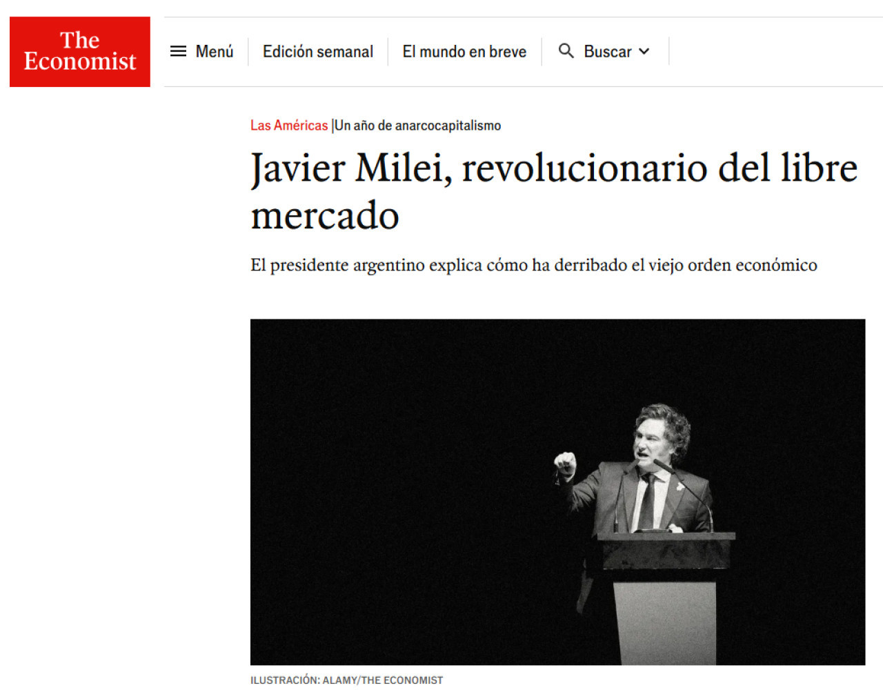 Javier Milei en la tapa de The Economist. Foto: captura de pantalla