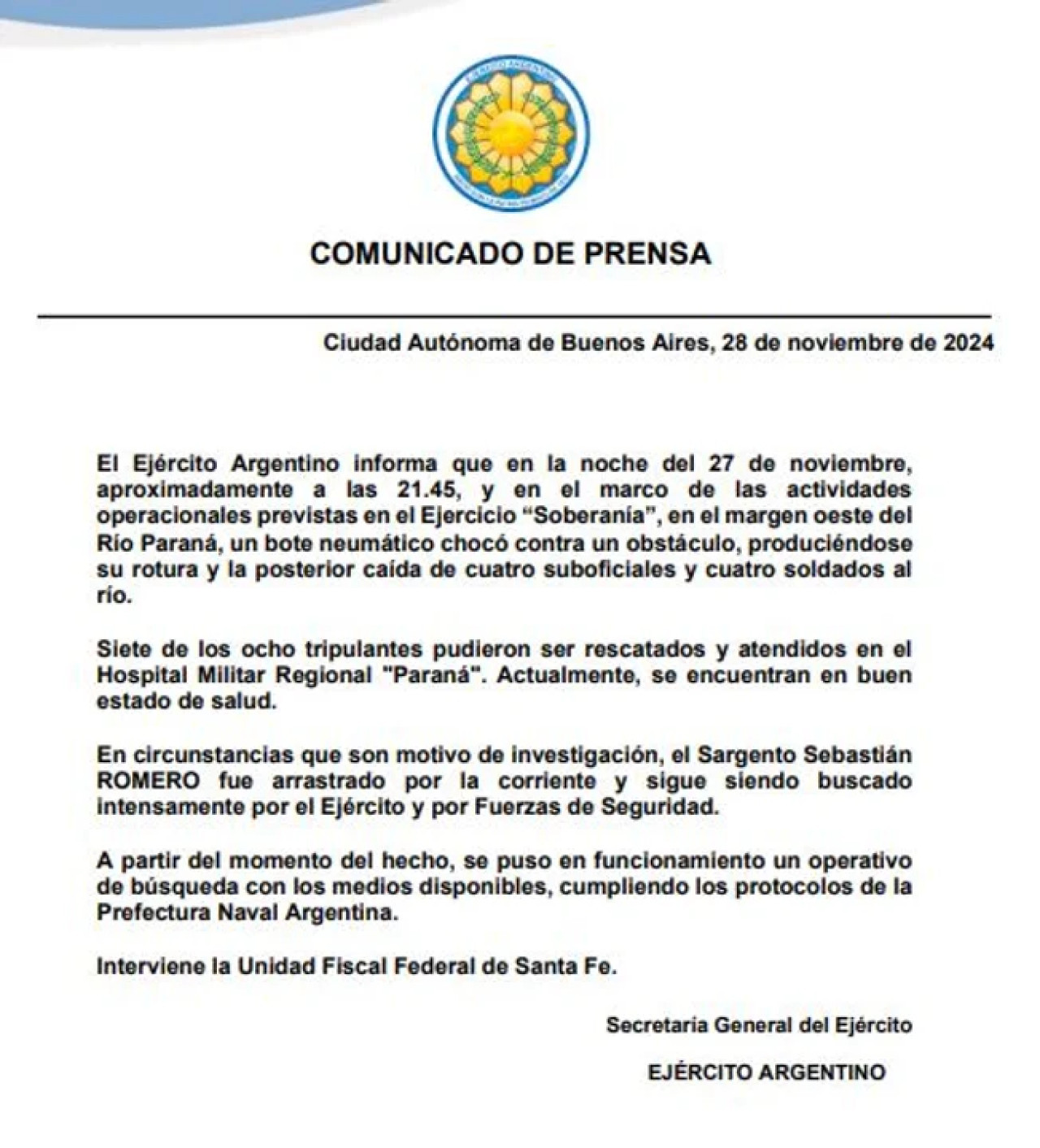 El comunicado del Ejército Argentino por el sargento desaparecido en el río Paraná.