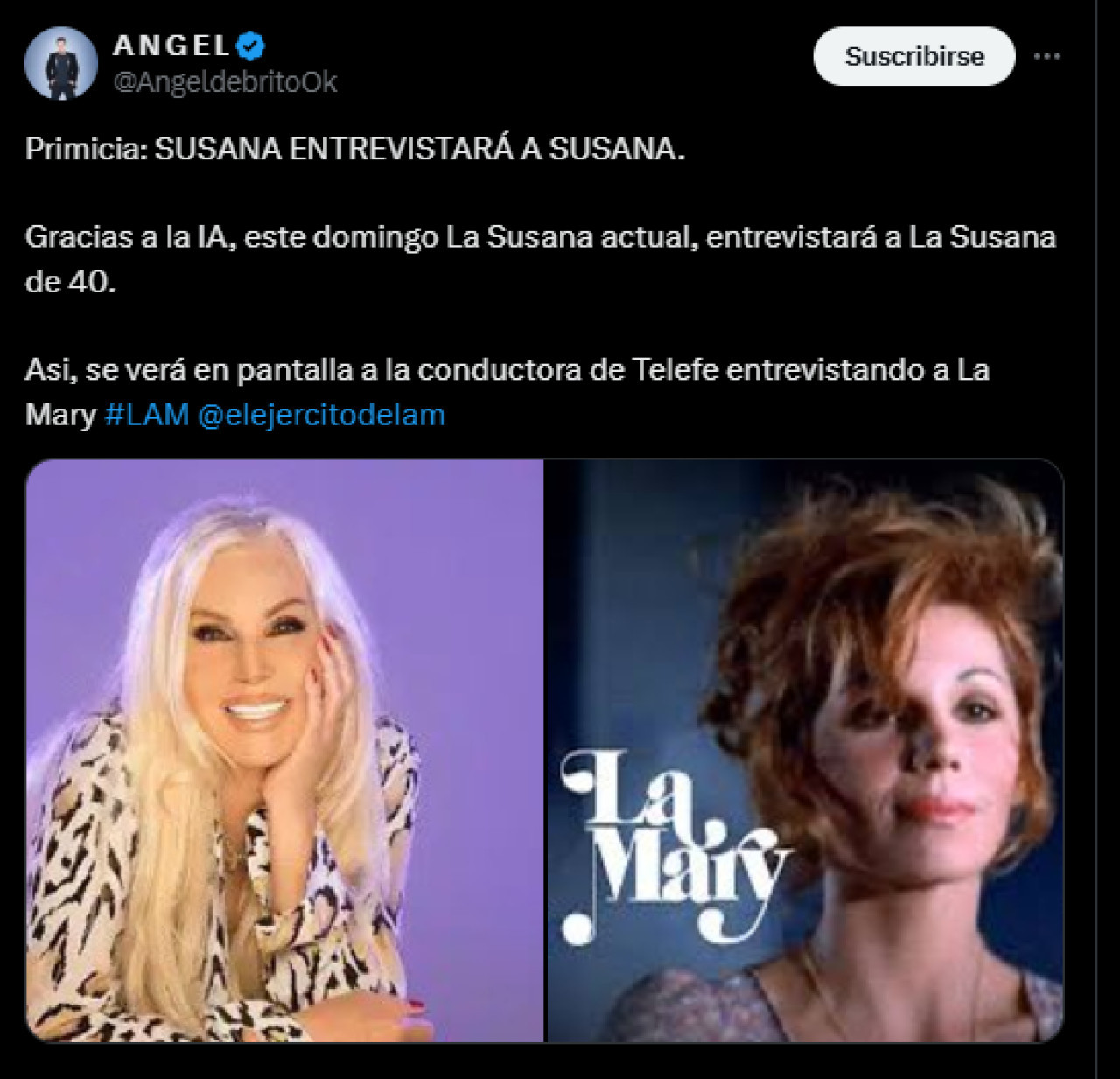 Susana Gimenez entrevistará a Susana Gimenez. Foto X @AngeldebritoOk