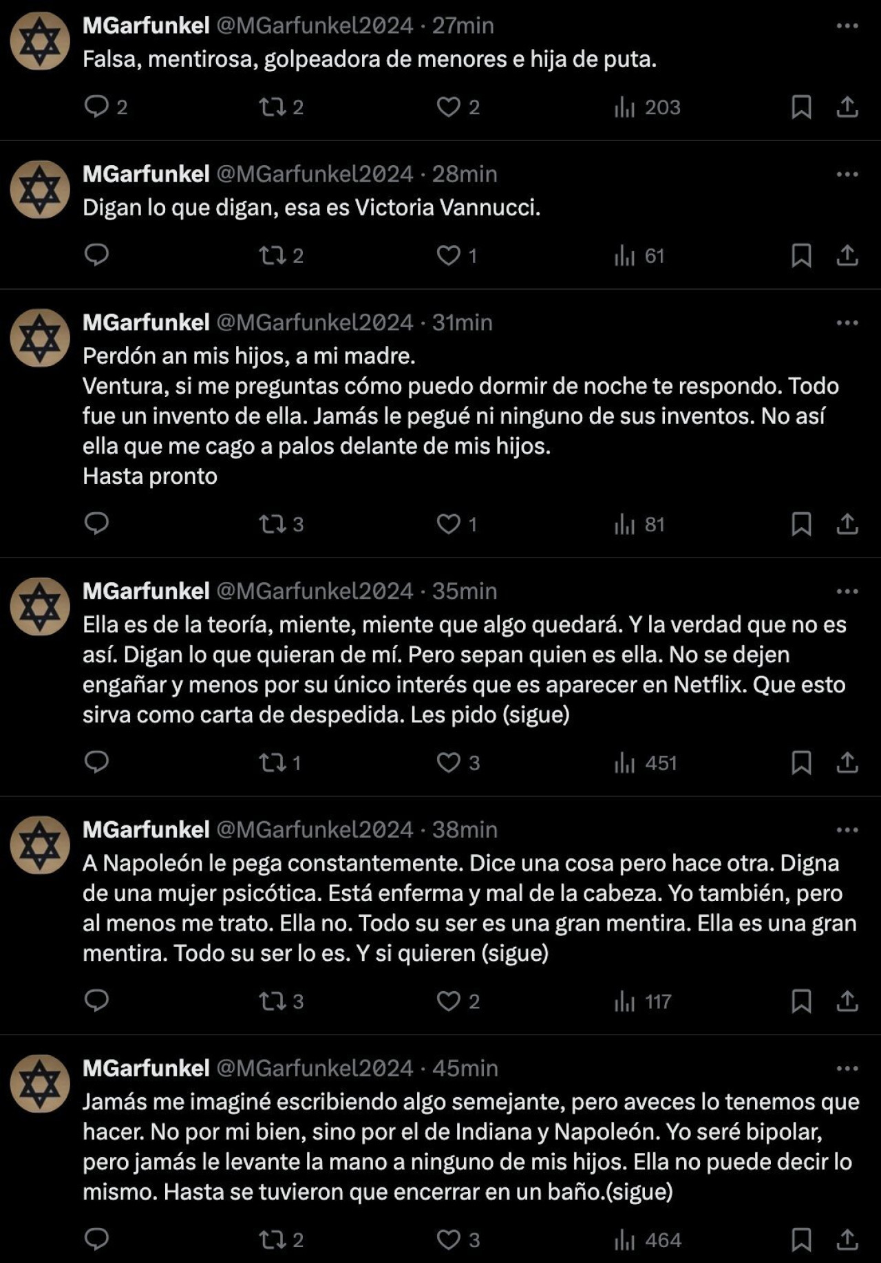 Algunos de los mensajes publicados por Matías Garfunkel contra Victoria Vanucci. Foto: X