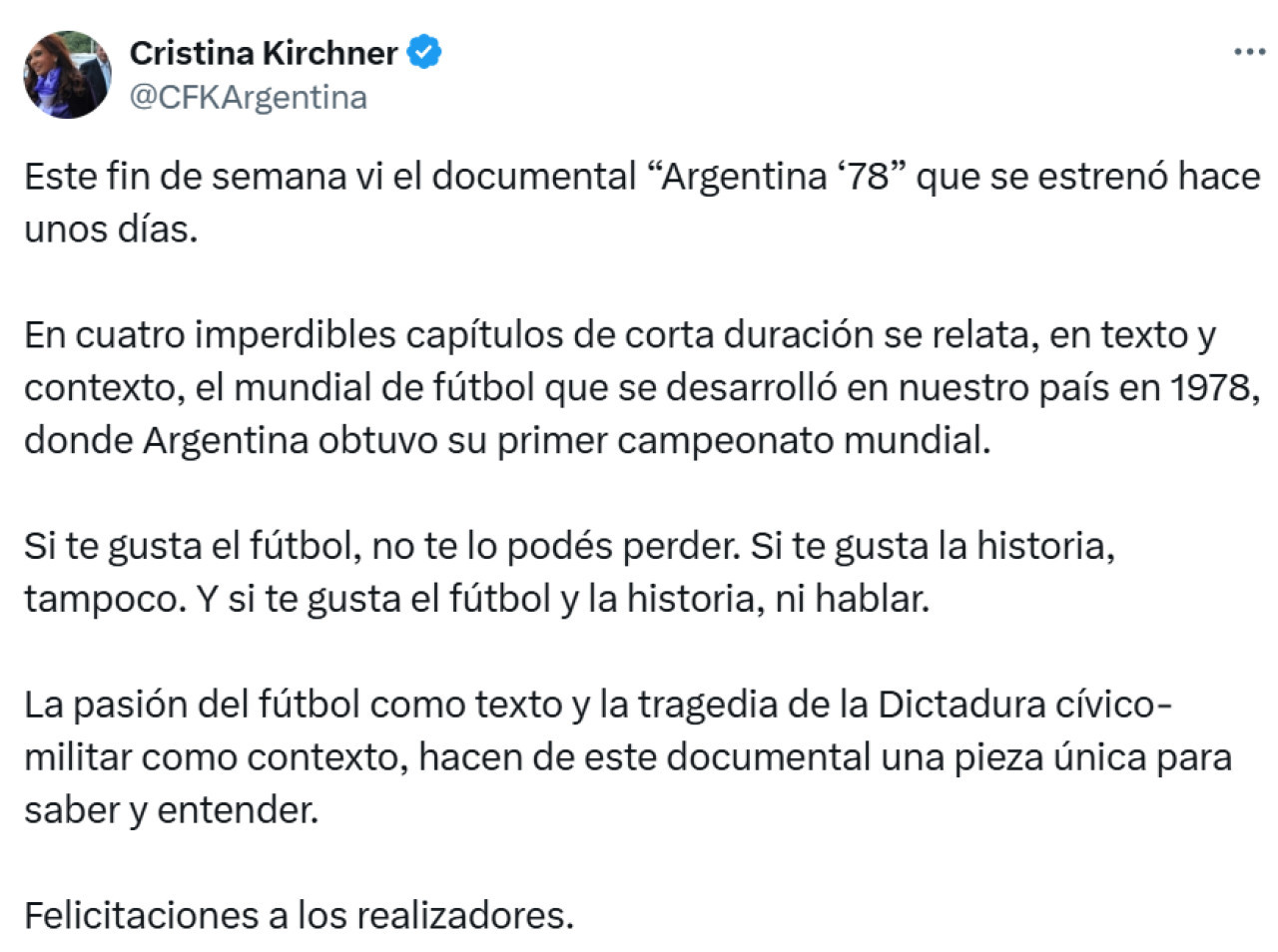 El posteo de Cristina Kirchner. Foto: X.