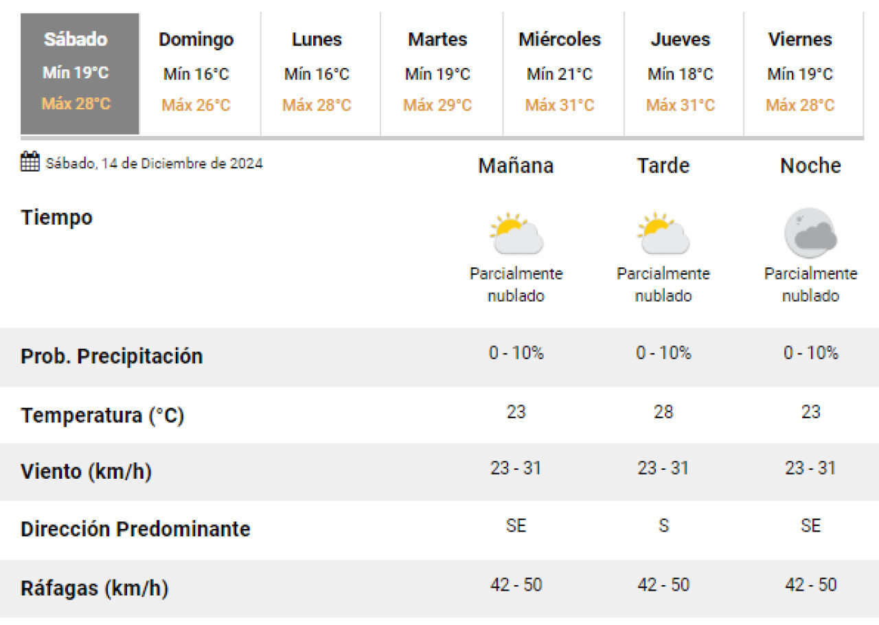 Clima para este sábado 14 de diciembre. Foto: SMN.