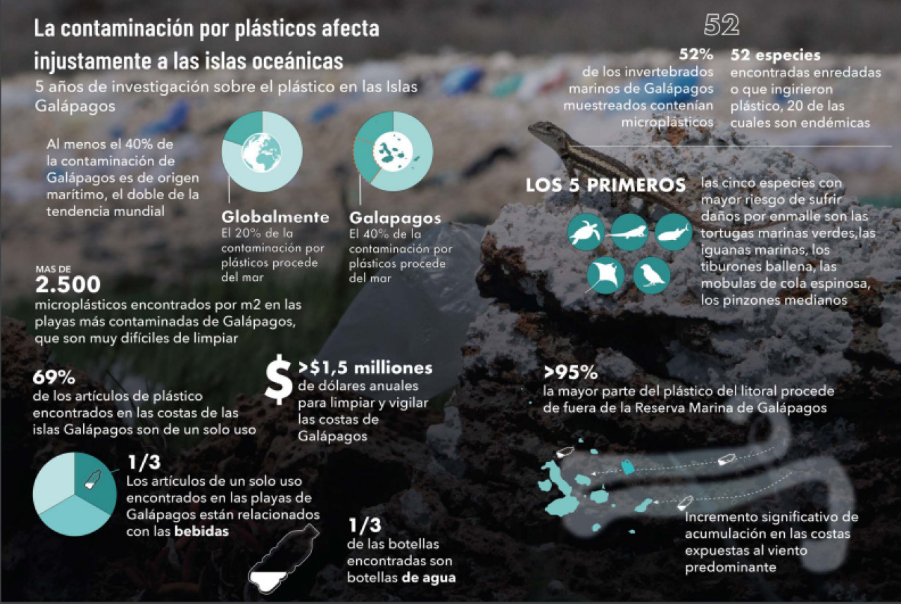 Infografía sobre la contaminación por plásticos en las Islas Galápagos. Foto: Informe de Galápagos Conservation Trust (galapagosconservation.org.uk)