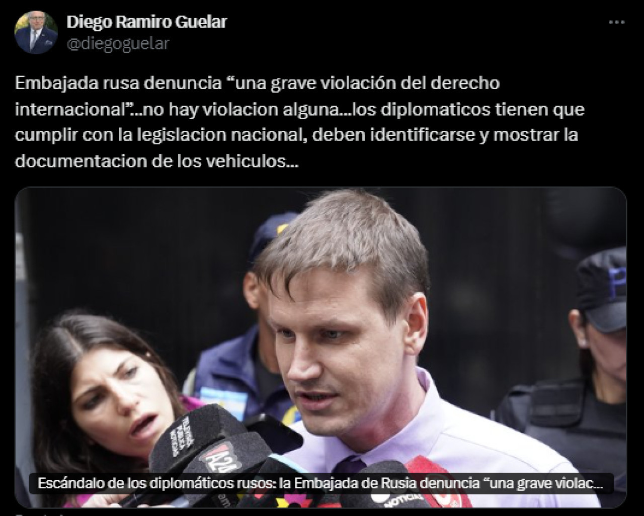 El mensaje de Diego Guelar por el escándalo con los diplomáticos rusos. Foto:  Captura.