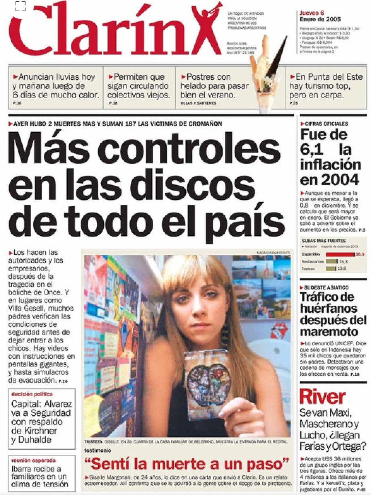 Giselle Margonari en la tapa del diario Clarin tras la masacre de Cromañón.