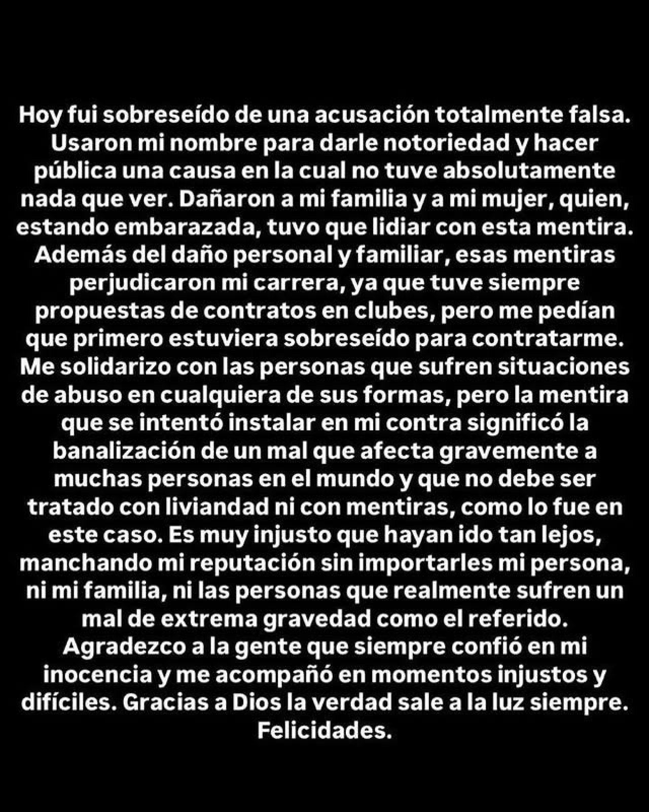 La defensa de Montiel tras ser sobreseído en la causa de abuso sexual. Foto: Instagram @gonzalo_montiel29.