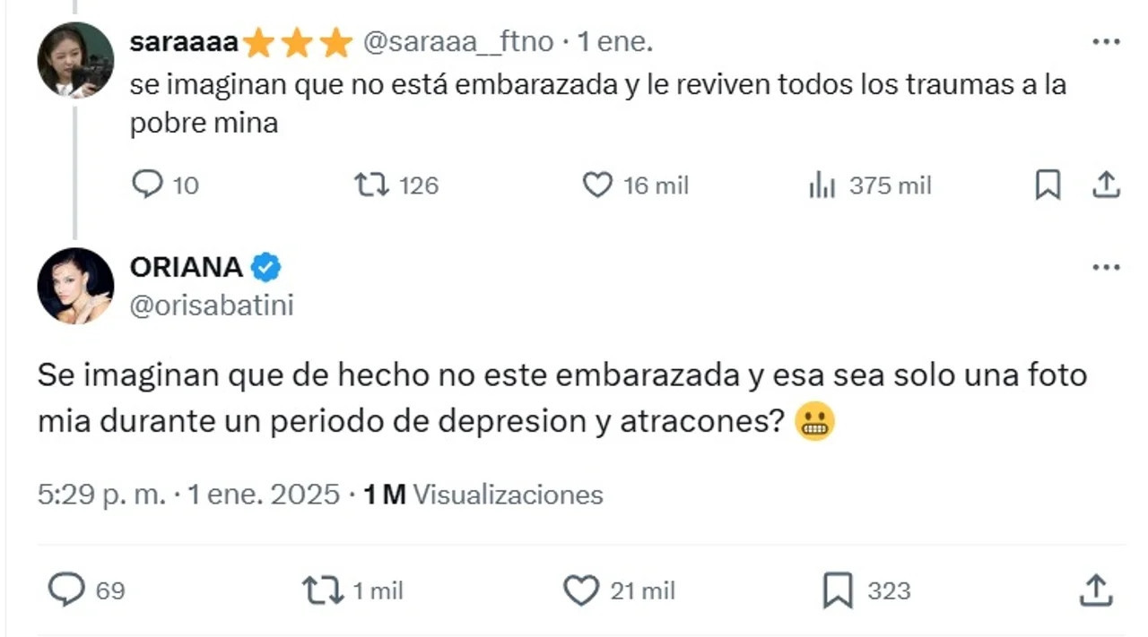 Oriana Sabatini responde los rumores de embarazos. Fuente: X