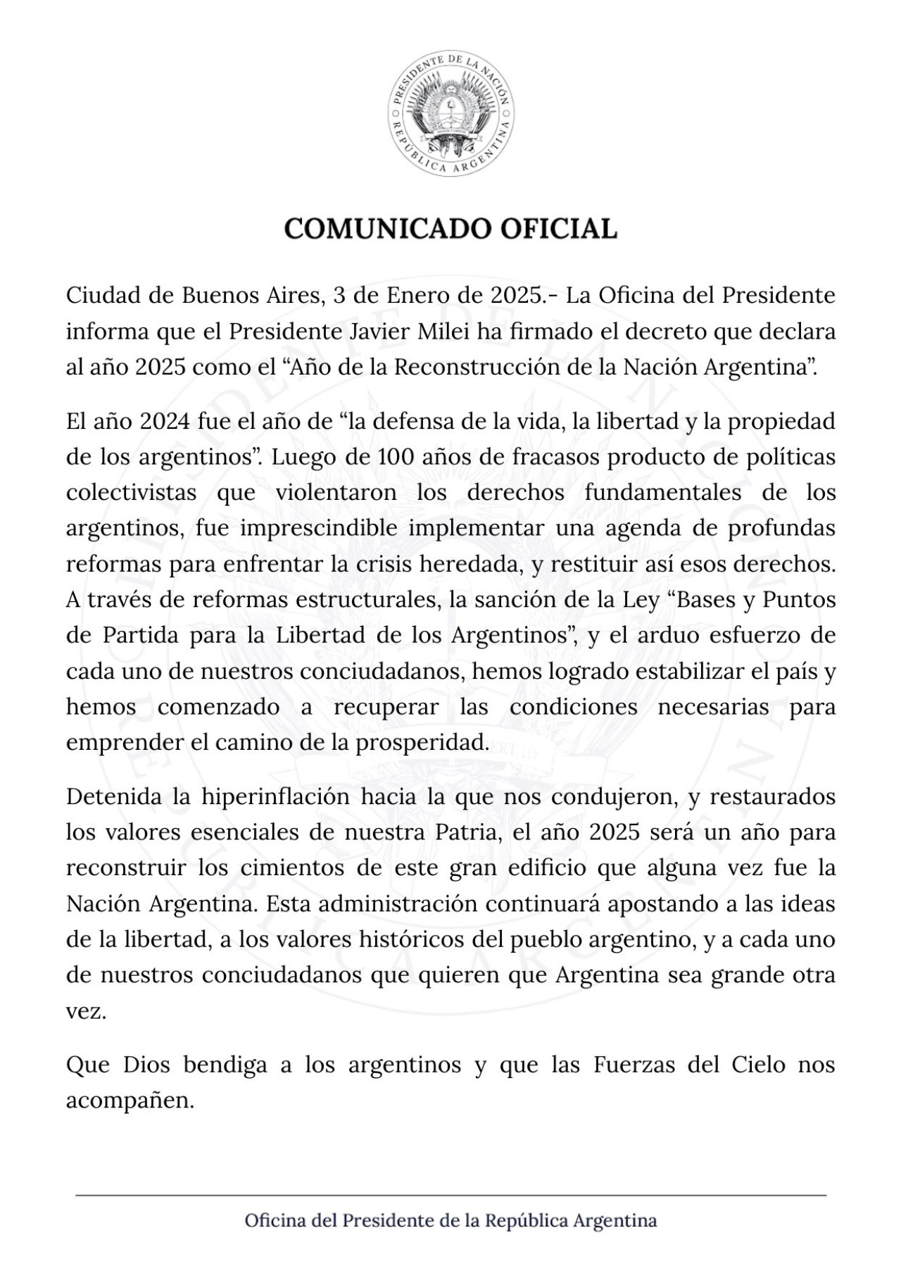 Milei decretó que el 2025 será el "Año de la Reconstrucción de la Nación Argentina". Foto: X @OPRArgentina