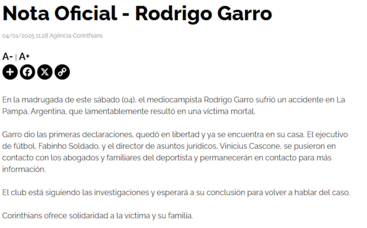 El comunicado que publicó Corinthians sobre Rodrigo Garro. (Foto: Captura).