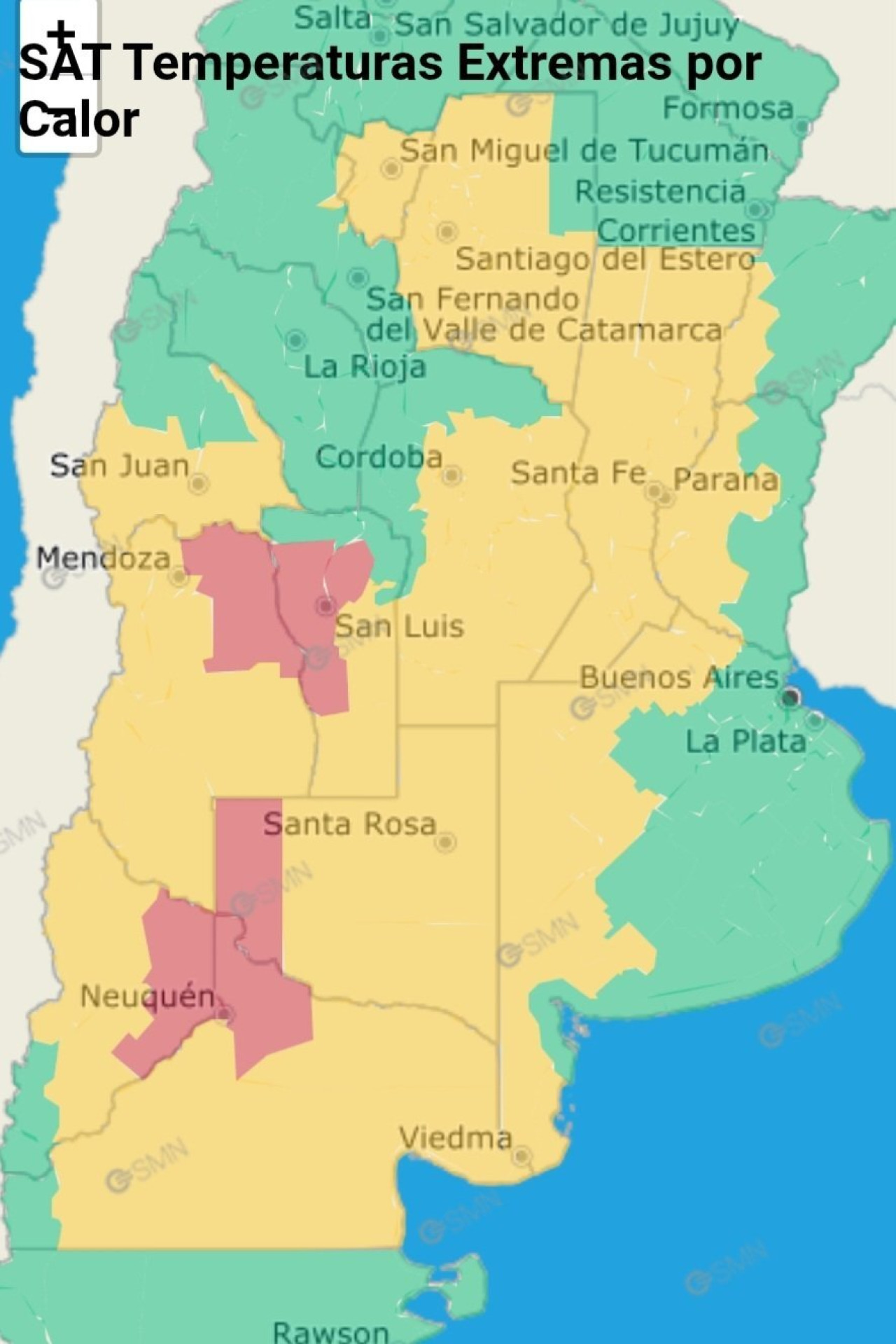 Las zonas afectadas por las alertas de temperaturas extremas. Foto: x SMN.