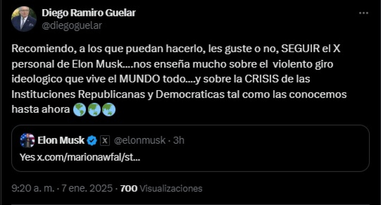 El mensaje de Diego Guelar sobre Elon Musk. Foto: Captura X.