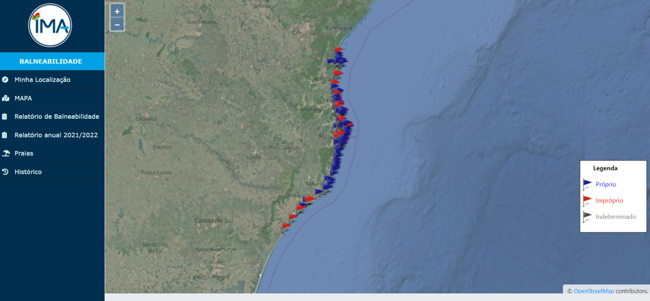 Playas afectadas por la "diarrea viral" en Brasil. Foto: captura balneabilidade.ima.sc.gov.br