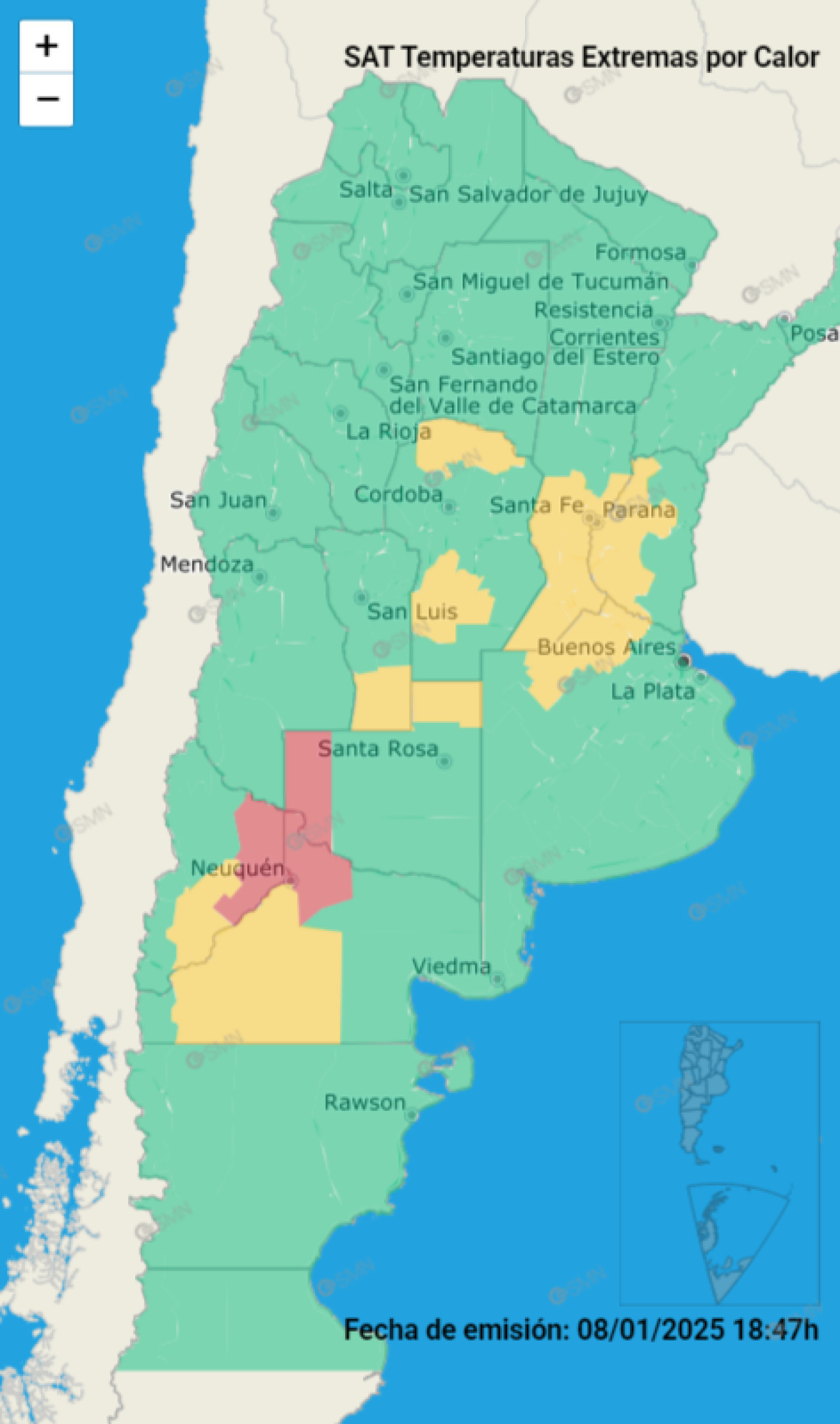 Distintas provincias argentinas bajo alerta por temperaturas extremas. Foto: SMN.