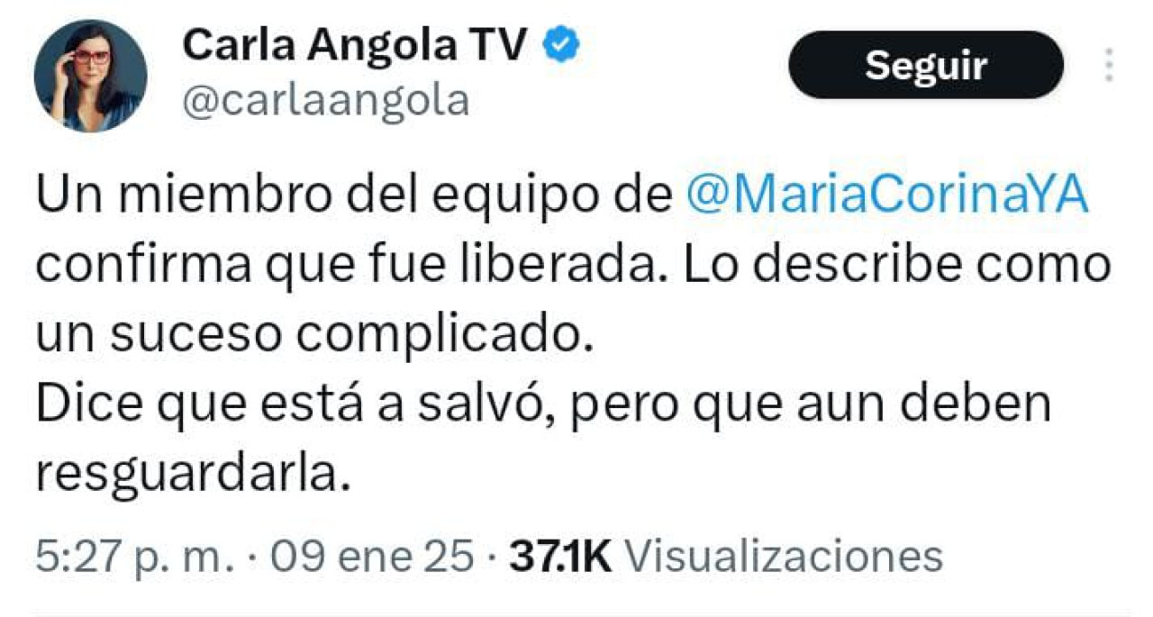 En Venezuela afirman que liberaron a María Corina Machado.