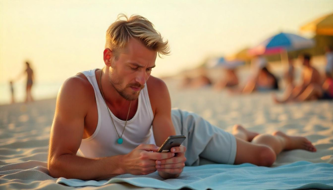 Persona en la playa, celular, teléfono, vacaciones. Foto: Freepik AI.