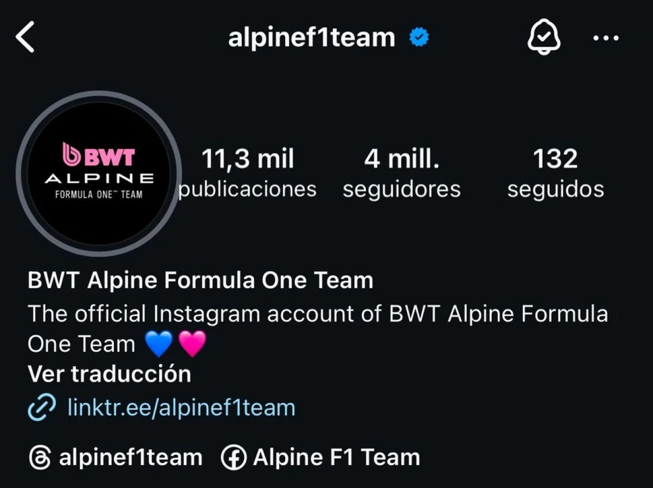 Redes sociales de Alpine en Instagram. Foto: NA.