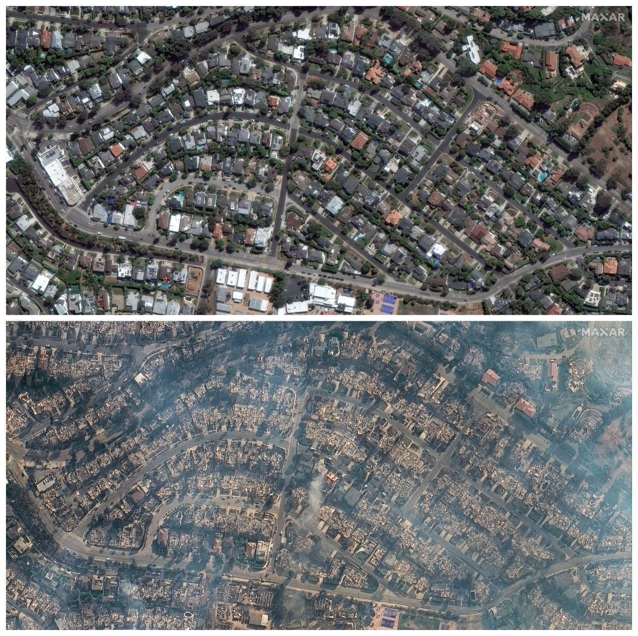 El antes y después de Los Ángeles tras los incendios. Foto: Reuters/MAXAR.