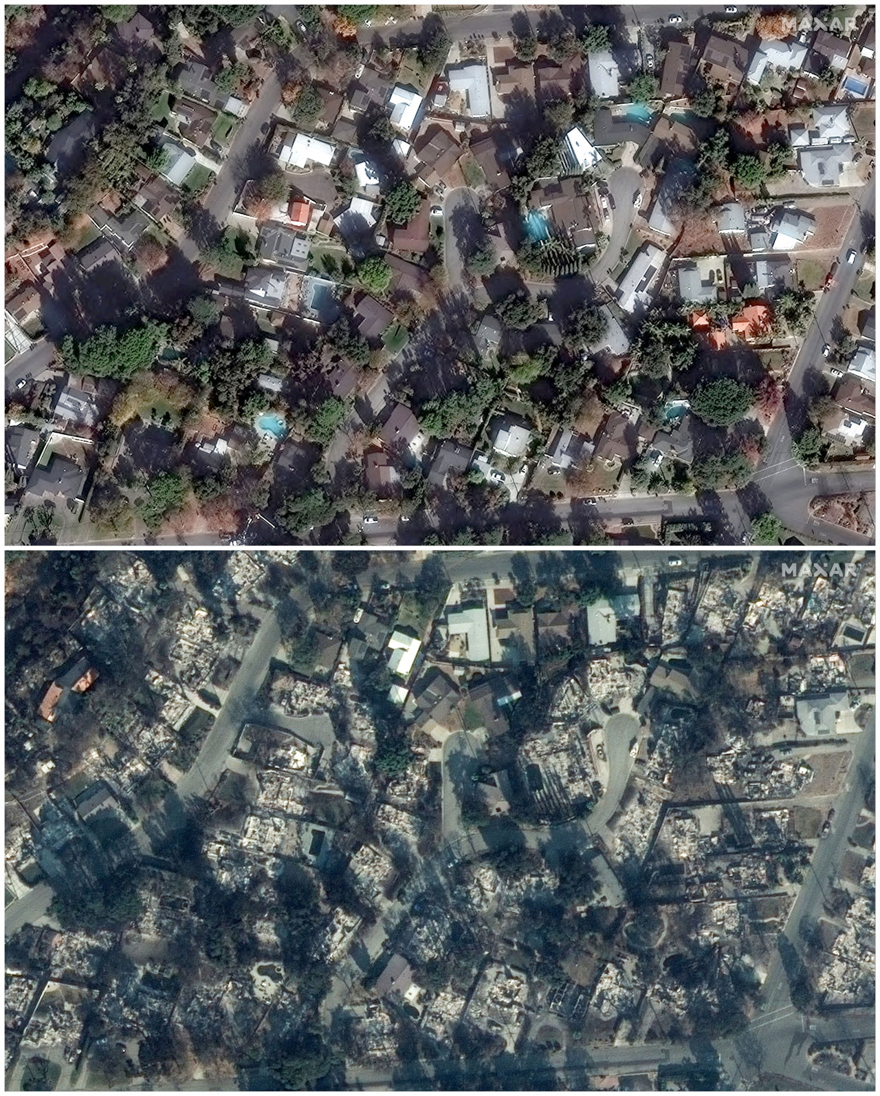 El antes y después de Los Ángeles tras los incendios. Foto: Reuters/MAXAR.