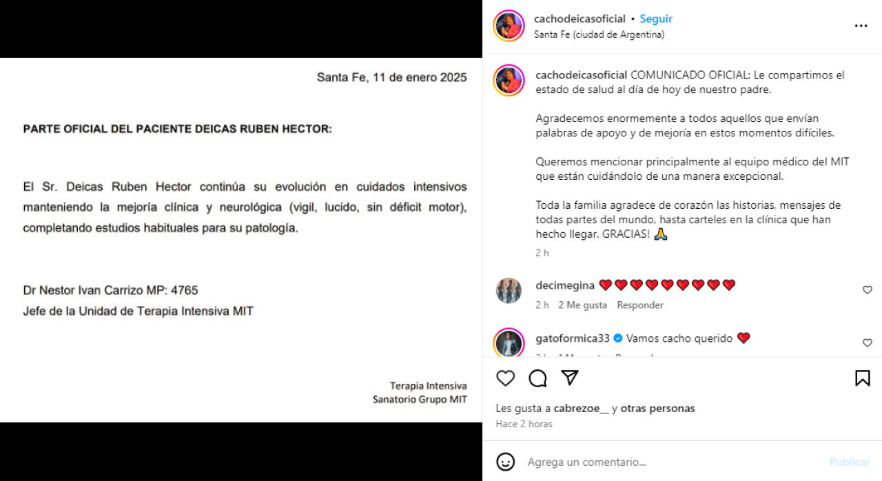 El parte médico y el mensaje de la familia de Cacho Deicas de Los Palmeras. Foto: Captura Instagram.