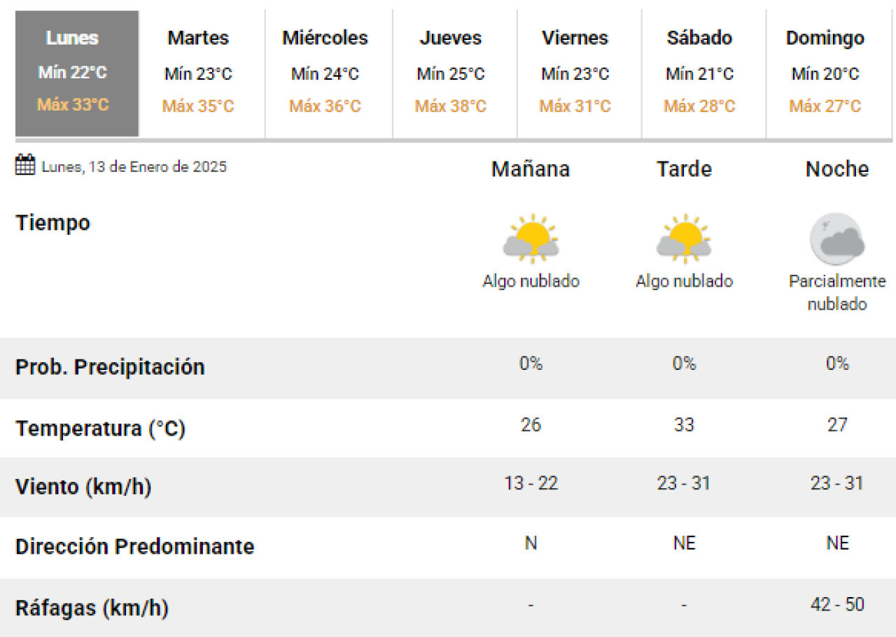 El clima de este lunes 13 de enero para la Ciudad de Buenos Aires. Foto: SMN.