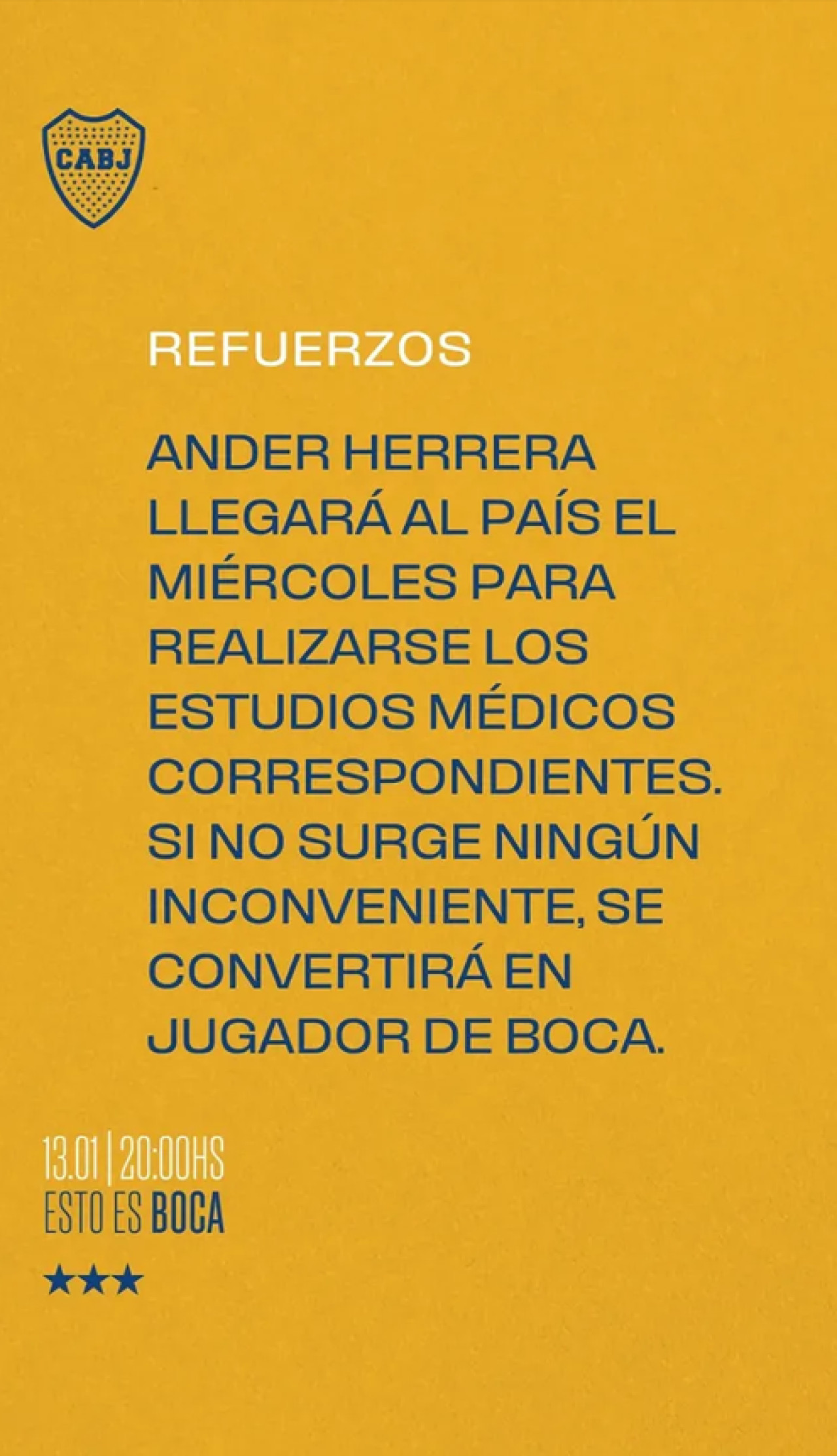 Boca hizo oficial la llegada de Ander Herrera. Foto: Instagram @estoesboca.futbol