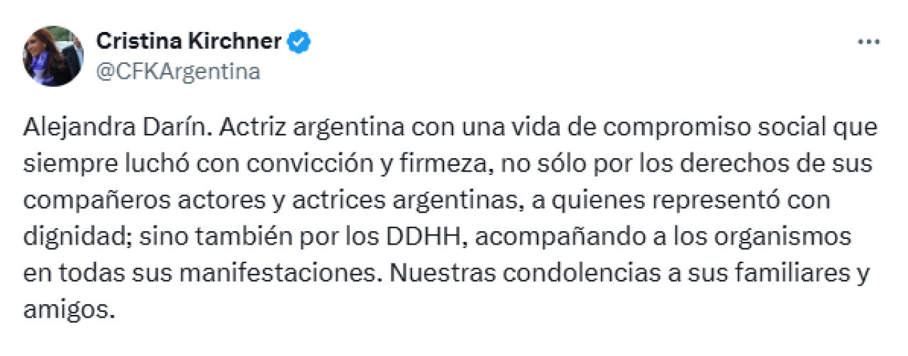 El mensaje de Cristina Kirchner para despedir a Alejandra Darín. Foto: X/@CFKArgentina.