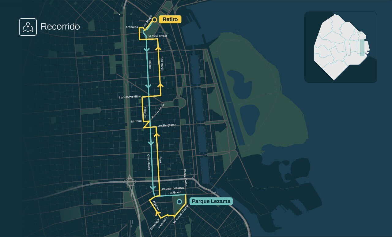 Recorrido de los colectivos eléctricos que funcionarán en la Ciudad de Buenos Aires. Foto: x pberecia.