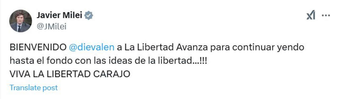 Javier Milei le dio la bienvenida a Diego Valenzuela a LLA. Captura X.com/JMilei