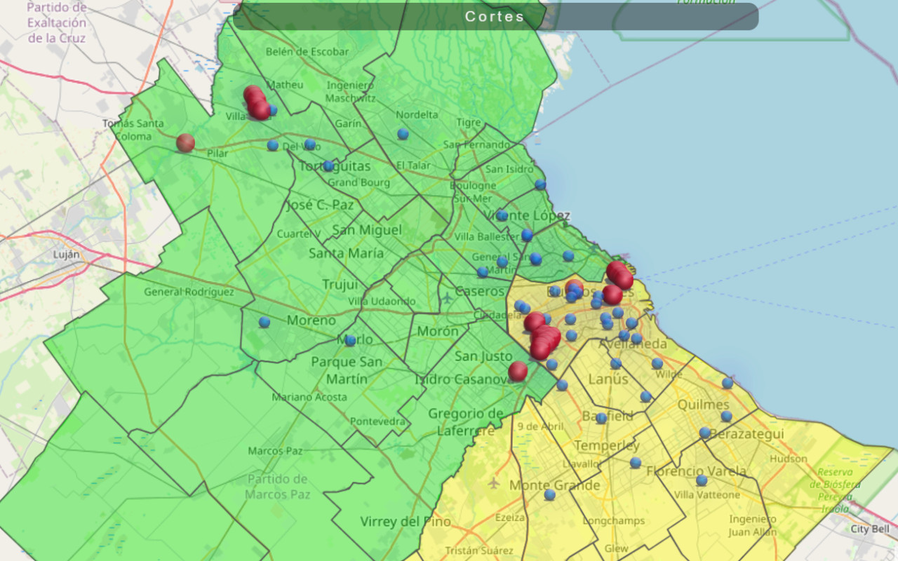 Mapa de cortes de suministro eléctrico. Foto: captura ENRE.