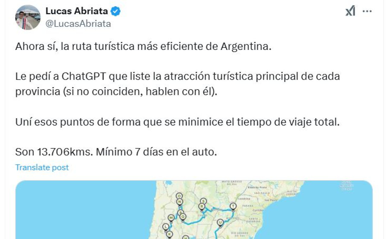 Los mejores atractivos turísticos de cada provincia según el ChatGPT. Captura X.com/LucasAbriata