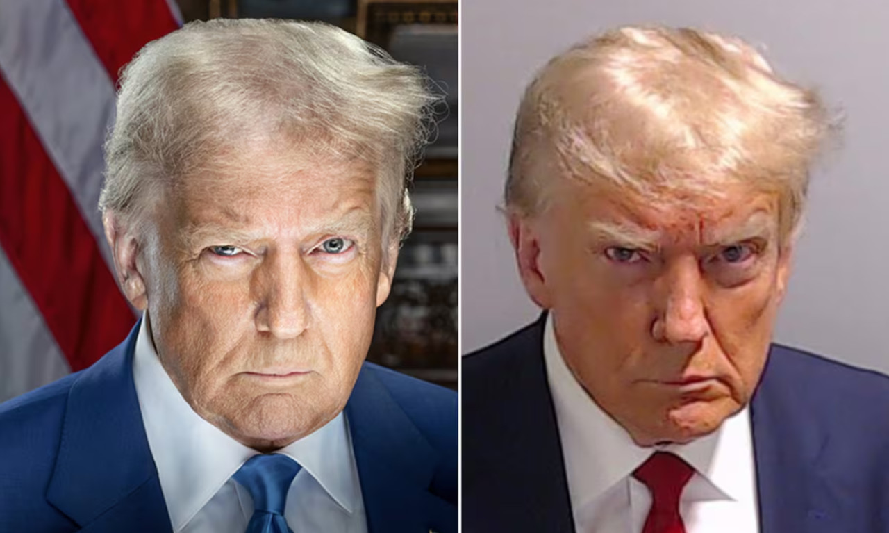 Retrato presidencial de Donald Trump y su ficha policial.