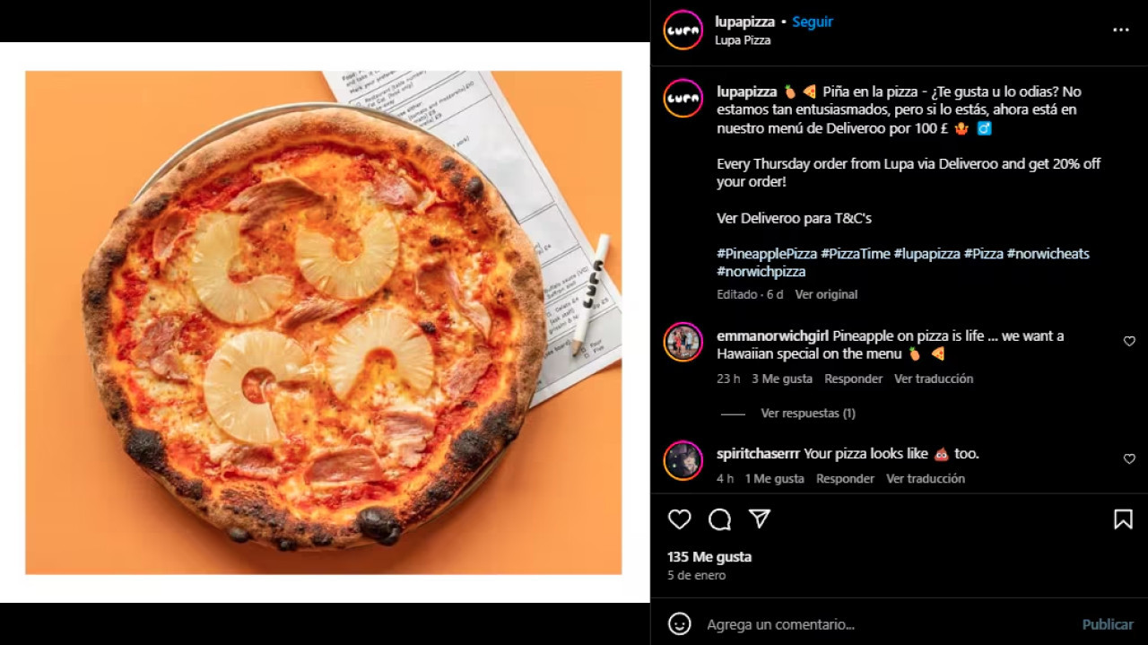 El polémico posteo del restaurante inglés por la pizza con ananá