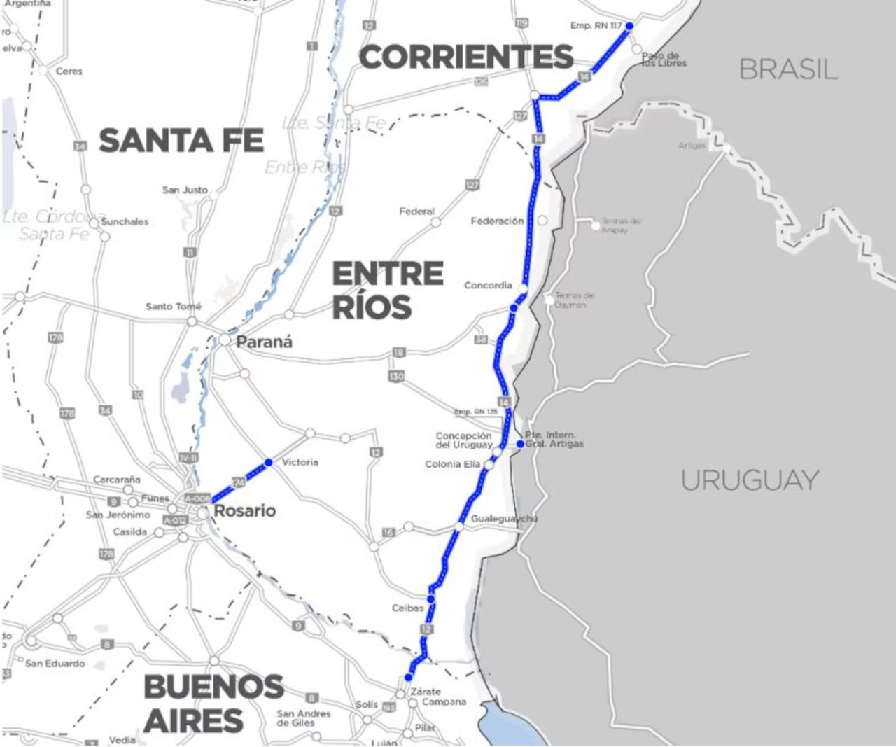 Mapa del corredor 18 o ruta del Mercosur. Foto: Vialidad Nacional