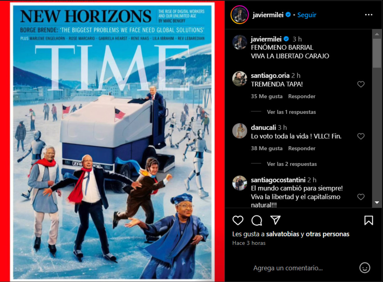 Javier Milei, festejó estar en la tapa de la revista Time. Foto: captura Instagram